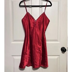 Women's Red Satin Silky Lacey Slip Dress Curvy Vixen Burlesque Showgirl Medium